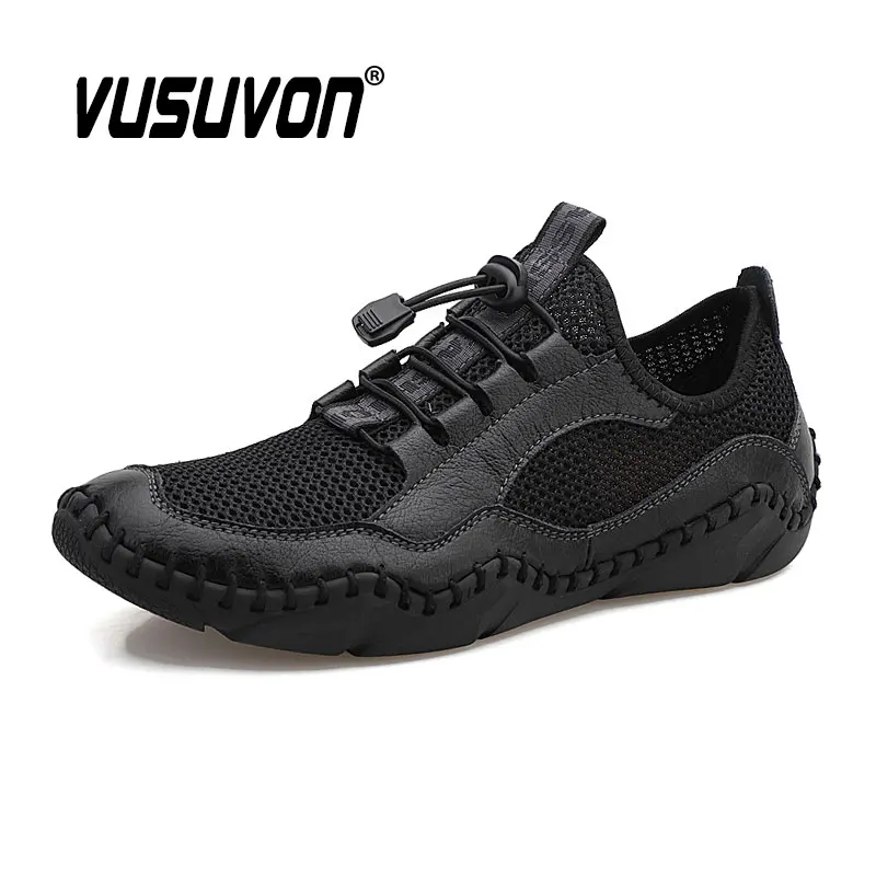 

Black Sandals for Men Beach Mesh Cow Leather Outdoor Summer Casual Shoes Slip On Water Flats Big Size 38-48 Rubber Outsole