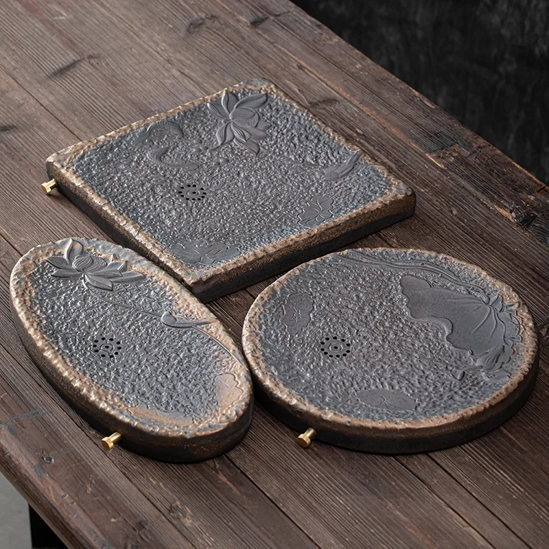 

Japanese Style Coarse Pottery Gilding Iron Glaze Tea Tray Ceramic and Drainage Dual-Use Dry Pour Saucer Tea Table KungFu Tea Set