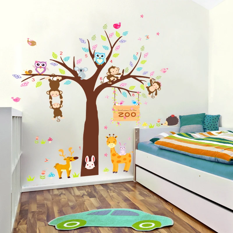 lovely owl monkey giraffe tree zoo wall stickers for kids rooms home decor cartoon animals wall decals pvc mural art diy posters