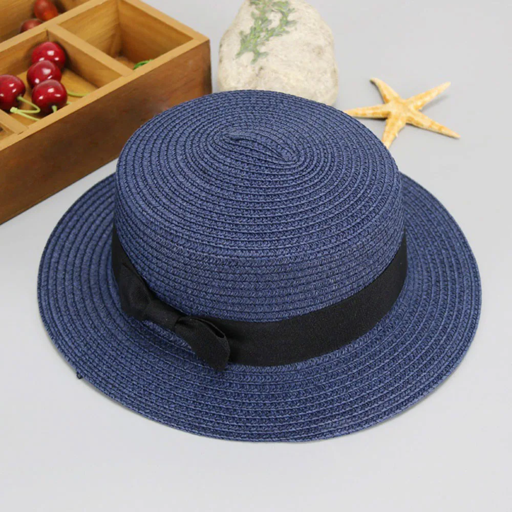 HUISHI Hat Straw Colorful Bowtie Parent-child Beach Cap Ladies Fashion Flat Brim Summer Straw Panama Cap Women Girls Sun Hat