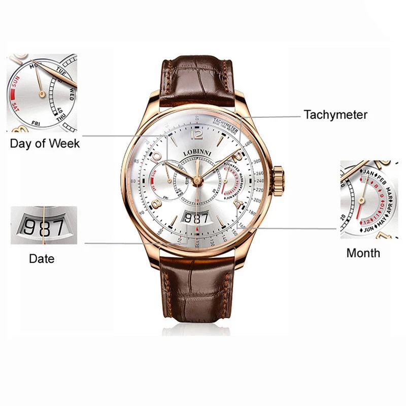 LOBINNI Luxury Dress Men Multi Function Watch Genuine Leather Strap Rose Gold Business Automatic Mechanical Watch
