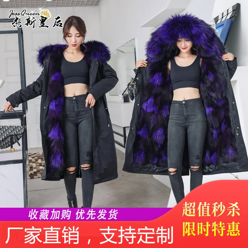 

Real Fur overCoats Winter parka jacket Women s long Waterproof fox fur collar linner hooded tailored thick Warm 2019 navy