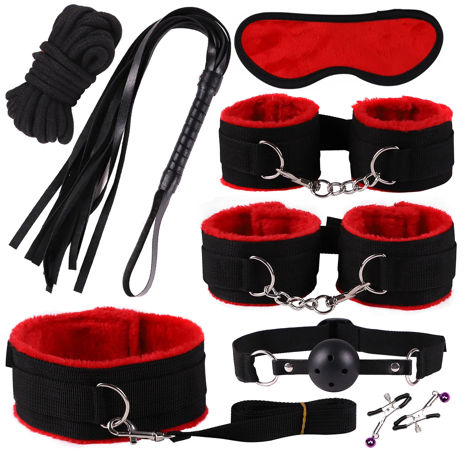 BDSM Bondage Kit 8 Pcs/set Handcuffs Nipple Clamps Mouth Ball Gag Whip Cotton Rope Sex Toys For Couples Eye mask Neck Collar