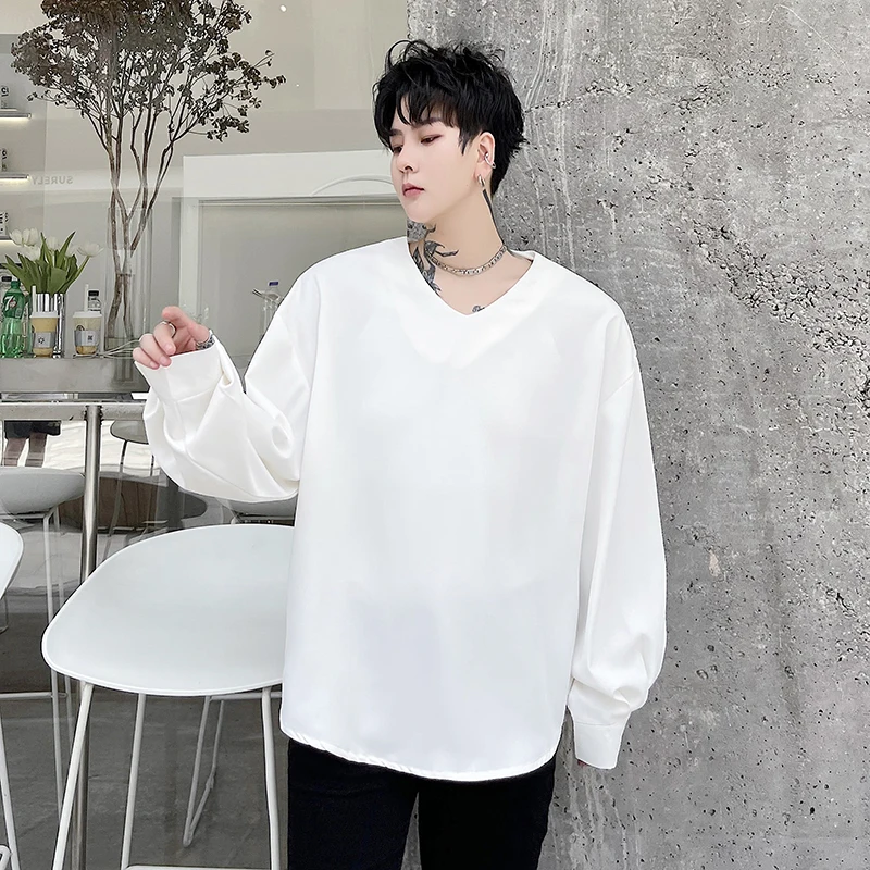 Autumn men's solid color long sleeve shirt high sense Korean loose Pullover V-neck shirt non iron inner bottom shirt