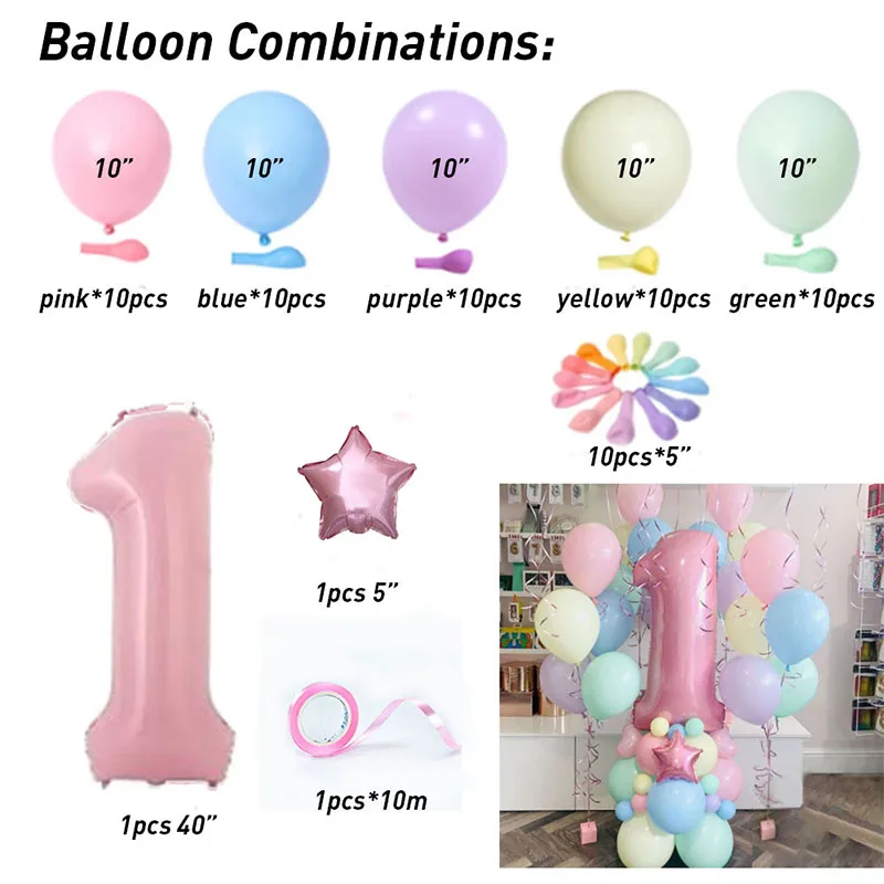 63pcs Pink 1st 2nd 3rd Number Balloon Pack Pastel Latex Balloons Air Balons Party Birthday Girl Decor Event Party Balon Decor