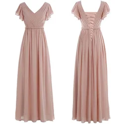 A Line Chiffon Elegant V Neck Pleat Sashes Short Sleeve Bridesmaid Dresses Wedding Party Formal Prom Evening Lace Up Back