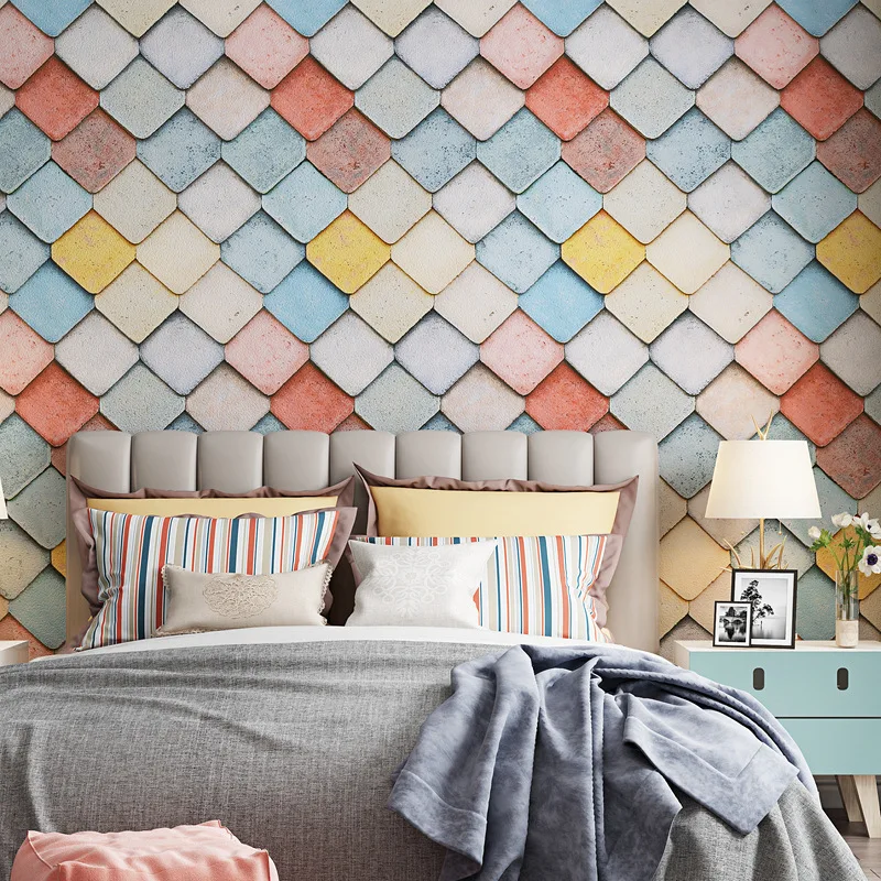 

Скандинавская Европейская Геометрическая красочная решетка обои Ins нетканые теплые сетчатые обои для спальни ТВ фоновые стены роспись