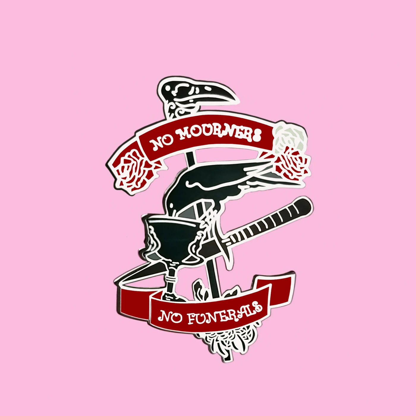 No Mourners No Funerals Hard Enamel Pin Gothic Black Crow Drinking Poniard Brooch Cartoon Red Rose Plant Pins Six Crows Badge