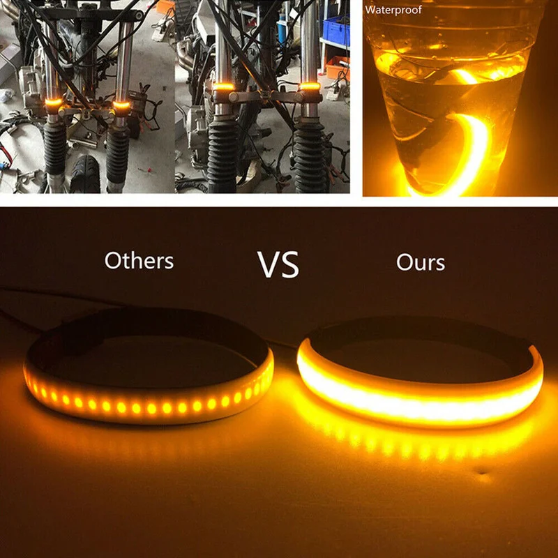 1 Pair Amber SMD LED Bike Motorcycle Fork Light 120 Degree Viewing Angle Turn Signal Light Strip For Clean Custom Look Universal