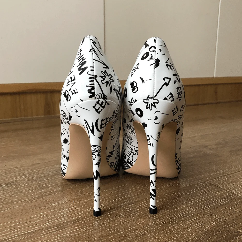 Veowalk Black and White Women Patent Print Pointed Toe Stiletto Pumps Fashion Designer Ladies High Heel Party Shoes Size 33-45