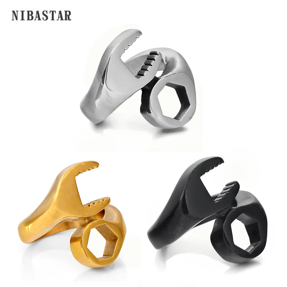 Vintage Men's Spanner Biker Ring Punk Mechanic Wrench Stereoscopic Rock Men Ring Stainless Steel Creative Design Jewelry