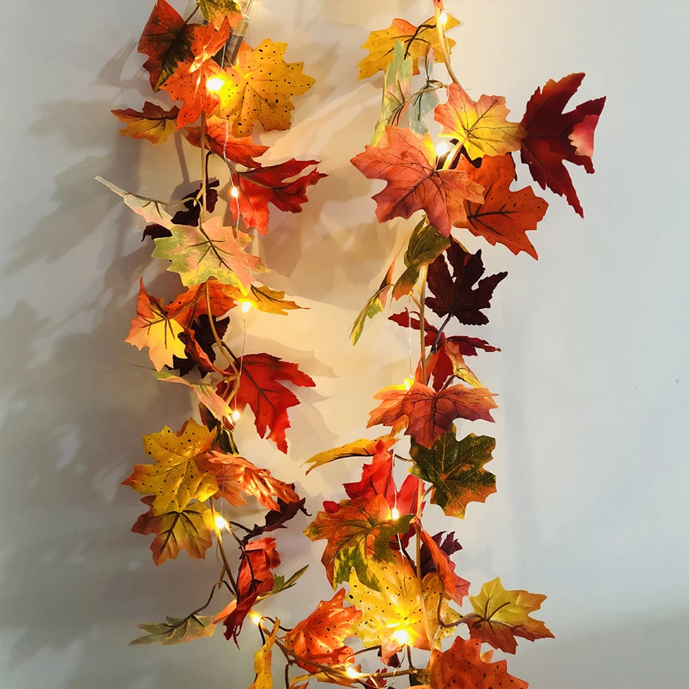 With/ Without LED Fall Maple Leaves Fairy String Light Autumn Leaf Garland Decor Xmas 1.7cm