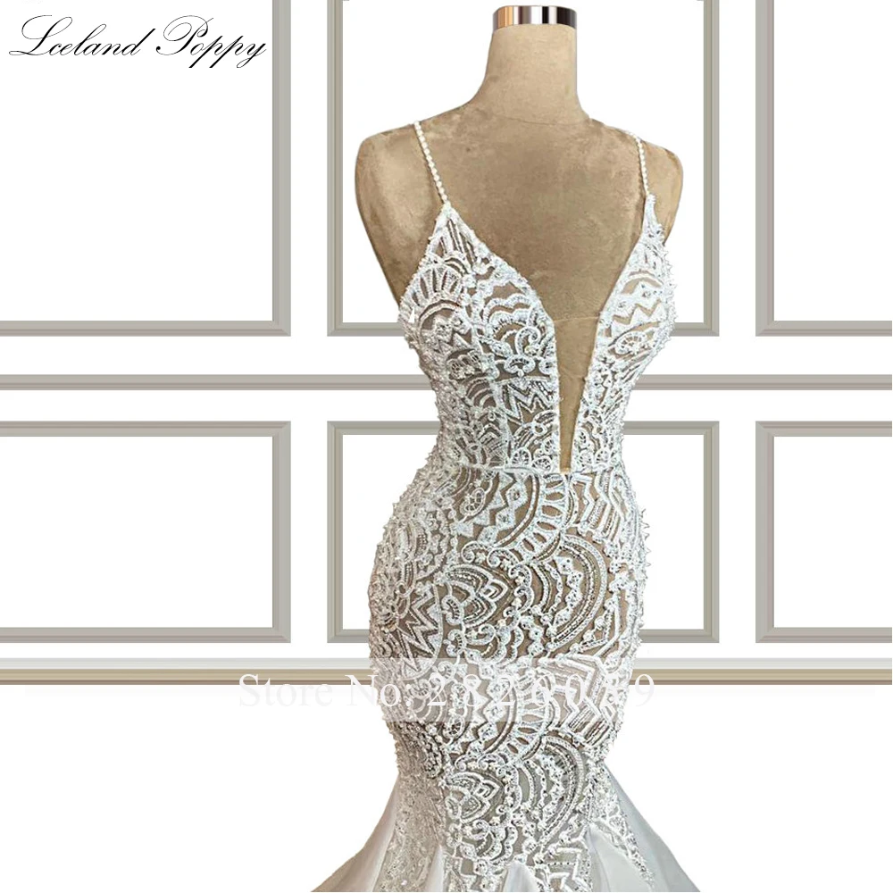 Lceland Poppy Customized V Neck Mermaid Lace Wedding Dresses Sleeveless Pearls Beaded Bridal Gowns