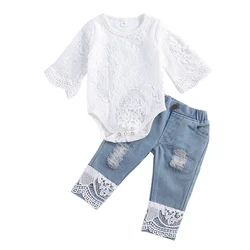 Lioraitiin Nieuwe 0-24M Baby Meisjes Vallen Kleren Lange Mouwen Kant Romper Pak Driehoek Kruis Kant Top Gat lange Jeans 2 Stuks Outfit