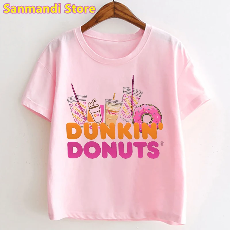 2021 Hot Sale Dunkin Donuts Pink Tshirt For Girls Kids Clothes Charli Damelio Coffee Graphic Print T Shirt Summer Tops Tee Shirt