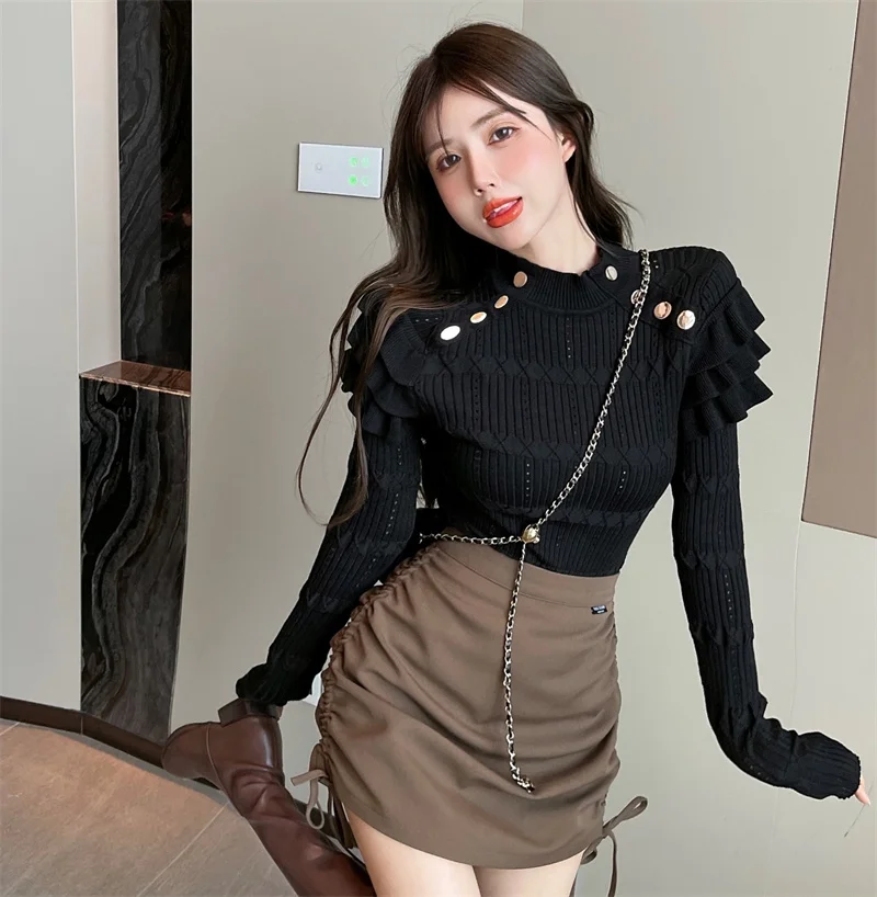 Full Sleeve Turtleneck Buttons Sweater Jumpers Girls Stretchy Chic Ruffles Autumn Spring Sweaters Pullovers Tops Women