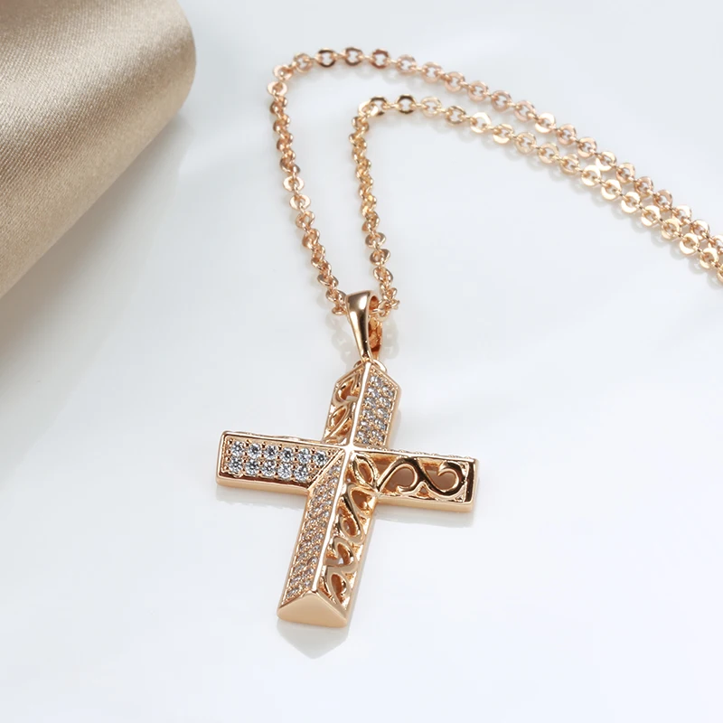 Kinel Exquisite Cross Necklaces 585 Rose Gold Micro Wax Inlay Natural Zircon Hollow Flower Necklaces For Women Vintage Jewelry