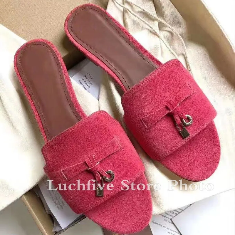 Hot Suede open toe Summer slippers Woman Round Toe Metal Fringed Decor Slip-on Loafers Shoes Casual beach flat Shoes Mules Women