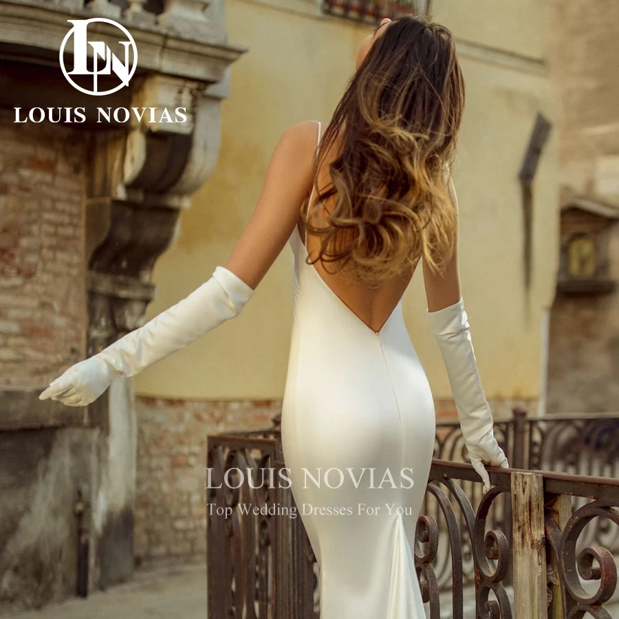 LOUIS NOVIAS Mermaid Wedding Dress Sexy Simple Backless Bridal Gown Spaghetti Straps Satin V-Neck Bride Dresses Vestido De Novia