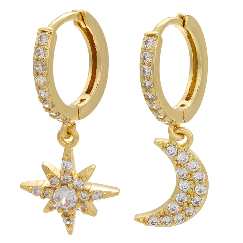 ZHUKOU 1 Pair gold color small hoop earrings Fashion shiny moon star earrings for women cubic zircon Jewelry VE348