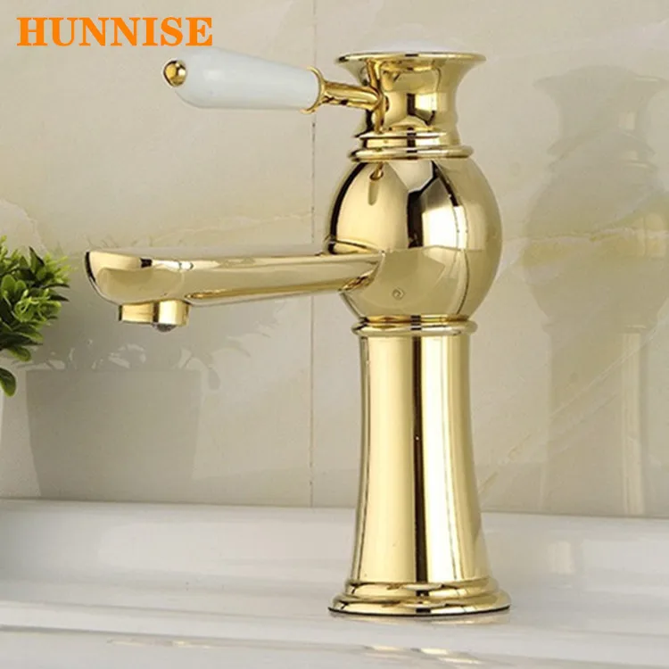 

Gold Hot and Cold Bathroom Basin Faucet Ceramic Handle Single Level Bath Basin Mixer Brass Deck Monuted Water Faucet Tap