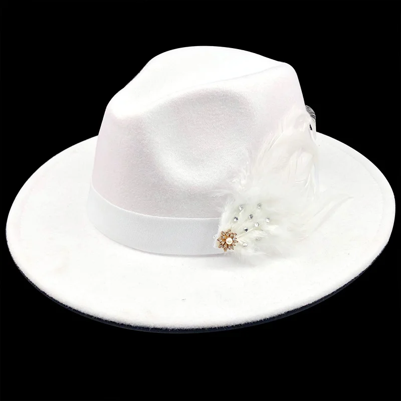 Red luxury White Patchwork Felt Jazz Hat Cap Men Women Flat Brim Wool hat White feather Fedora Hats Panama Trilby Vintage Hat  