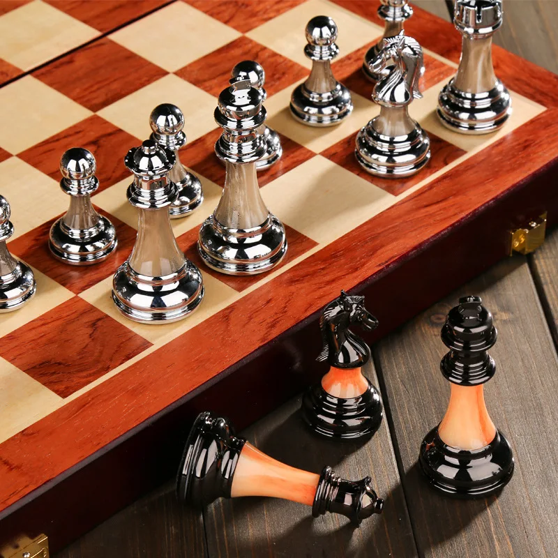 Luxury Metal Chess Board Games Retro International Chess Home Furnishings 48CM Solid Wood Foldable Checkerboard Child Board Game