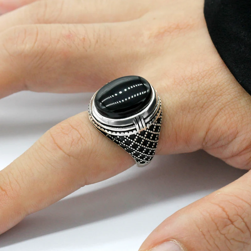 925 Sterling Silver Men Ring Bezel Setting Natural Black Agate Stone Retro Punk Thai Silver Ring for Man Women Silver Jewelry