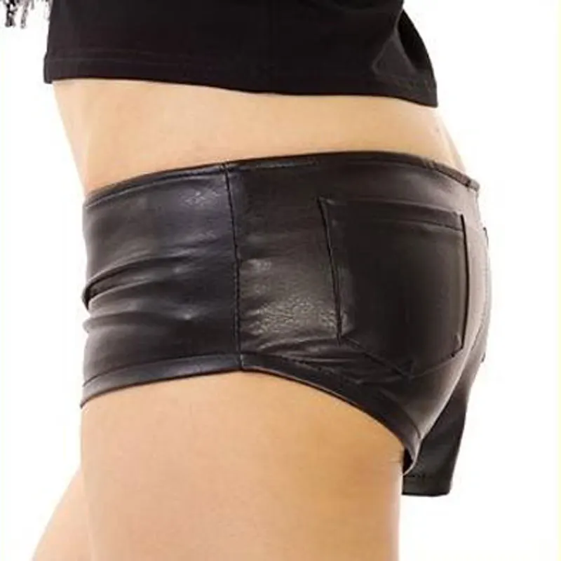 Mini shorts de couro sintético aberto com zíper, mini shorts sensual de couro aberto com cintura baixa pu e roupa noturna curta fx20, 1 peça