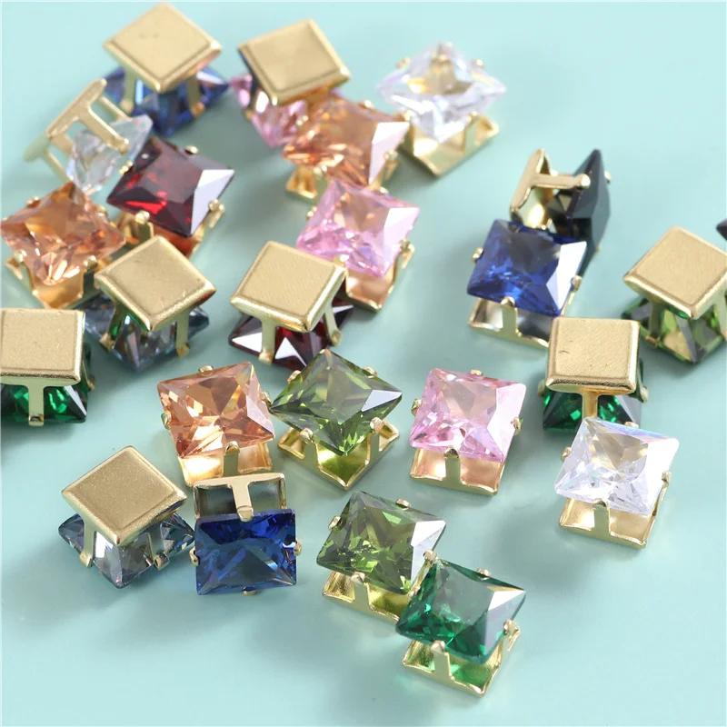 8mm Square Shape Glass Rhinestones With Gold Claw Sew On Zircon Crystal Stones Strass Sewing Decorations For Clothes Shoes Diy