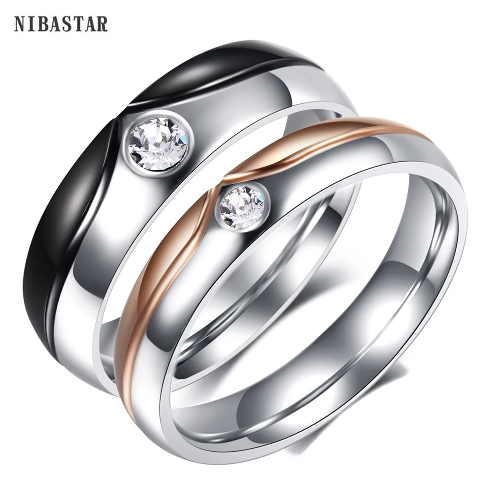 NIBASTAR Crystal Couple Ring For Women Men Simple Classic Wedding Couple Promise Jewelry Stainless Steel Rings