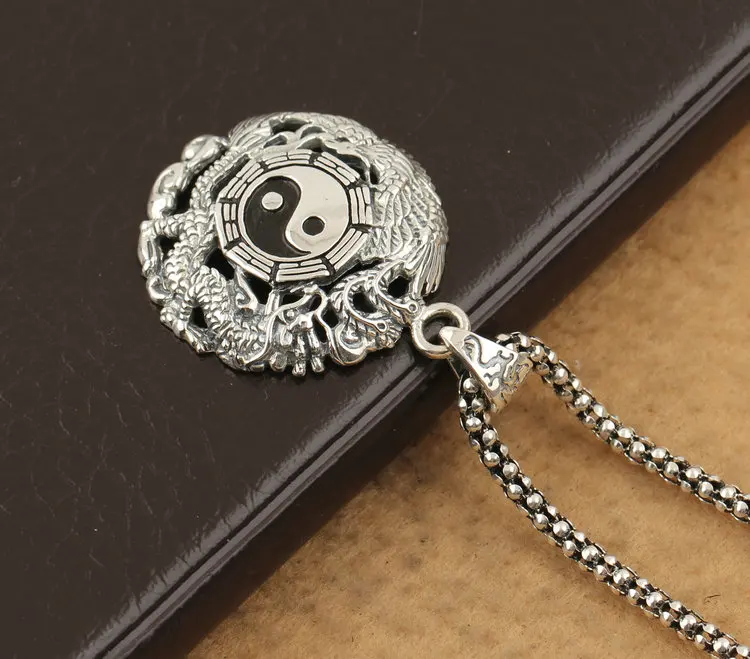 Handmade S925 Silver colour Dragon Pendant vintage thai silver colour dragon feng shui taichi symbol pendant pure silver pendant