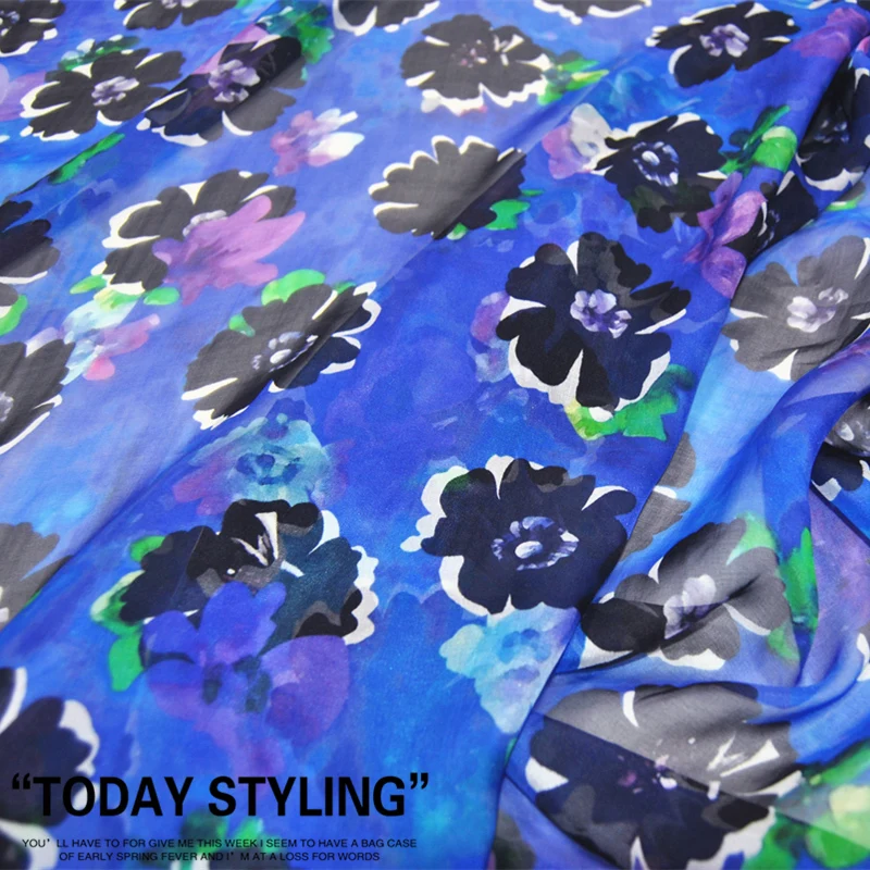 

Silk Chiffon Fabric Dress Large Wide Hazy Blue Black Flower Real 100% clothing Cloth DIY Sewing Tissue