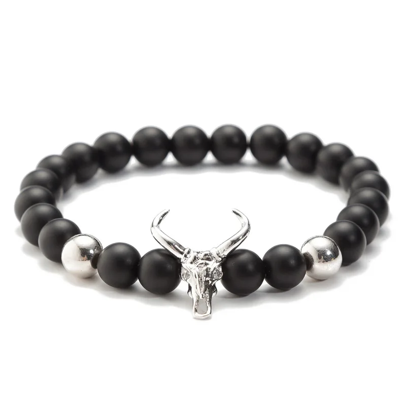 Punk CZ Bull Head Skull Men Bracelet Fashion 8MM Lava Stone Beads Charm Bracelets & Bangles Macrame Strand Jewelry Gift