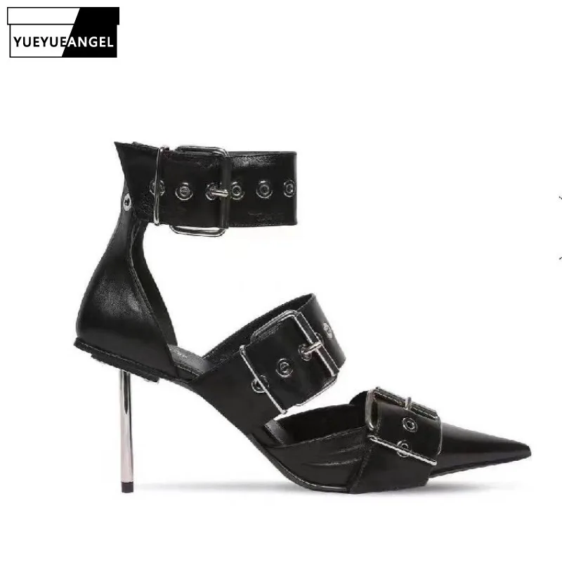 

2019 New Runway Womens Punk Buckle Ankle Strap Genuine Leather Sandals Pointed Toe Metal High Heels Stilettos Sandals Plus Size