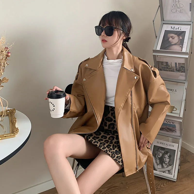 Spring Autumn Faux Leather Jackets Women Vintage Brown Loose Casual Coat Motorcycle Outwear With Belt Long Sleeve Streetwear