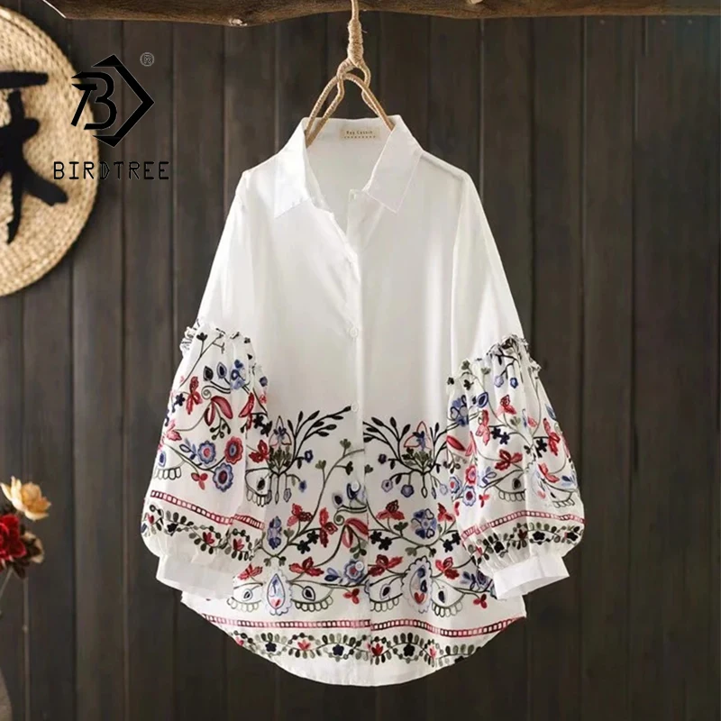 Autumn Women Floral Embroiderey Cotton White Shirt Puff Lantern Sleeve Elegant Loose Blouse Spring Office Lady Basic Tops T16401