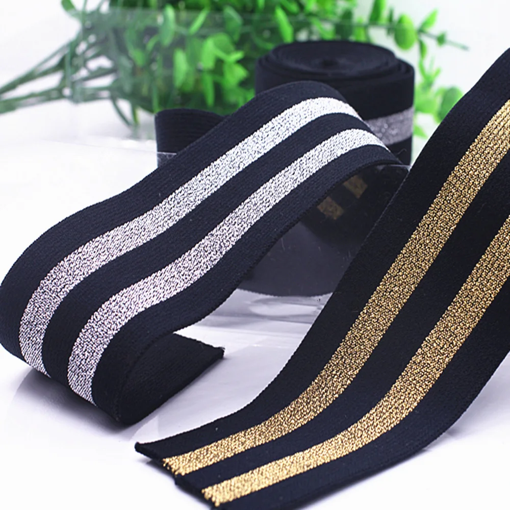 5 Meter Gold Silver Black Stripes Nylon Webbings Fashion 40mm Elastic Band Ribbons Soft Belt Tension Elastic Webbing Rubber Band