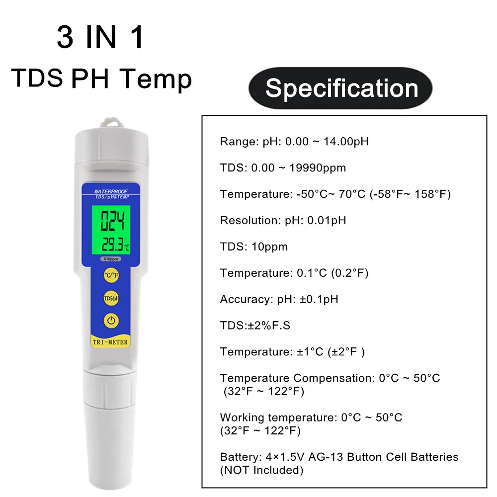 Professional 4 IN 1 TDS PH EC Temp Meter PH Tester Water Quality Testing Temperature Monitor Pen Acid Base Measurement Tools