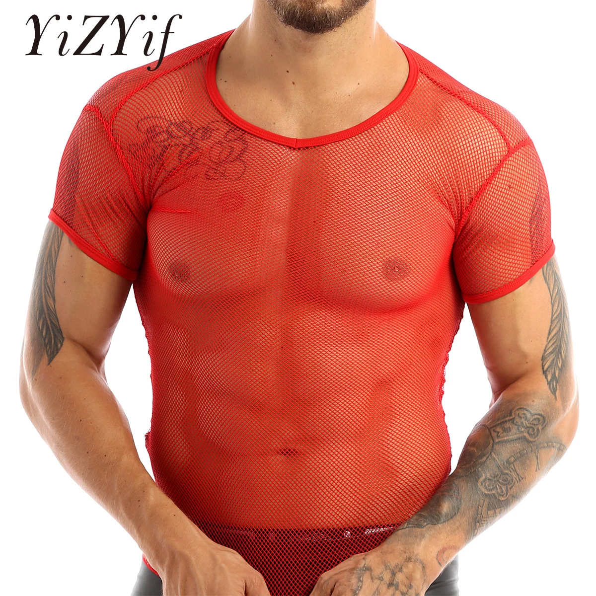 Hot Men T Shirts Transparent Mesh See Through Tops Tees Sexy Man Tshirt V Neck Singlet Gay Male Casual Clothes T-shirt Clothing