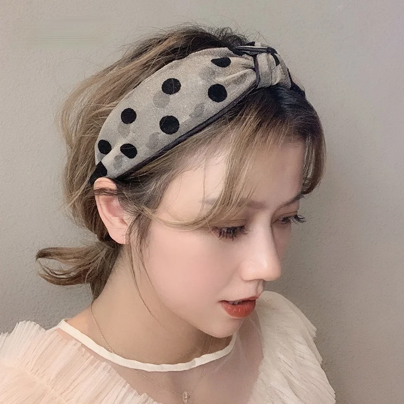 zq Sweet Hairpin with Broad Edge Headband Female All-Matching Girlish Simple Polka Dot out Headband Mesh Headband