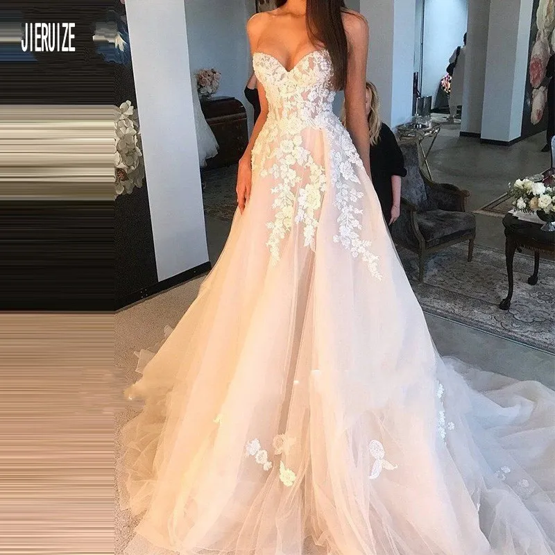 JIERUIZE Una linea di Sweetheart Abiti Da Sposa Fiori di Pizzo Su Indietro Tull Beach Boho Abiti Da Sposa Lungo abiti da mariée