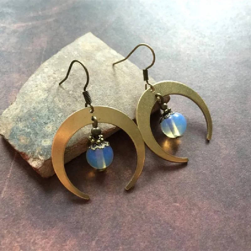 Brass Moonstone Crecent Moon Earrings Celestial Astronomy Boho Hippies Witch Punk Statement Jewelry Women Gift for Her Fashion