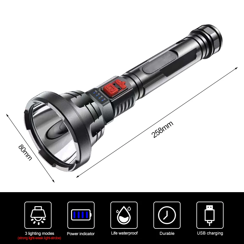 Powerful LED Searchlight Outdoor Multi-function Strong Flashlight Long-Range Waterproof Rechargeable Lamp Ultra Bright Lantern