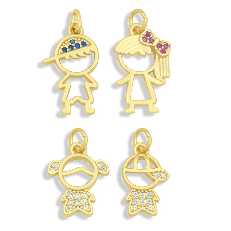 Gold Plated Cute Mini Boy and Girl Charms for Necklaces Fashion Copper Zirconia Pendants for Earrings chma091