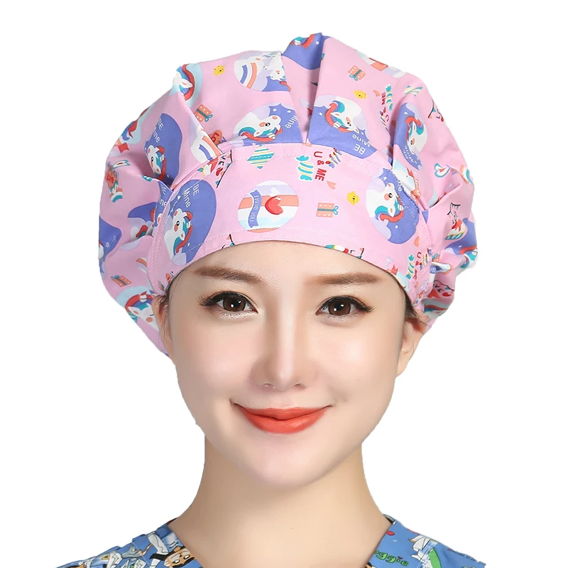 Unisex Cotton Scrubs Caps Cartoons Printed Sweatband Bouffant Hats Adjustable Work Wear Hats Beauty Salon Working Caps Wholesale