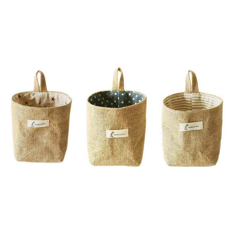 Desktop Storage Basket Jute Cotton Linen Bag Hanging Pocket Small Sack Sundries Storage Box With Handle Cosmetic Storage Bag