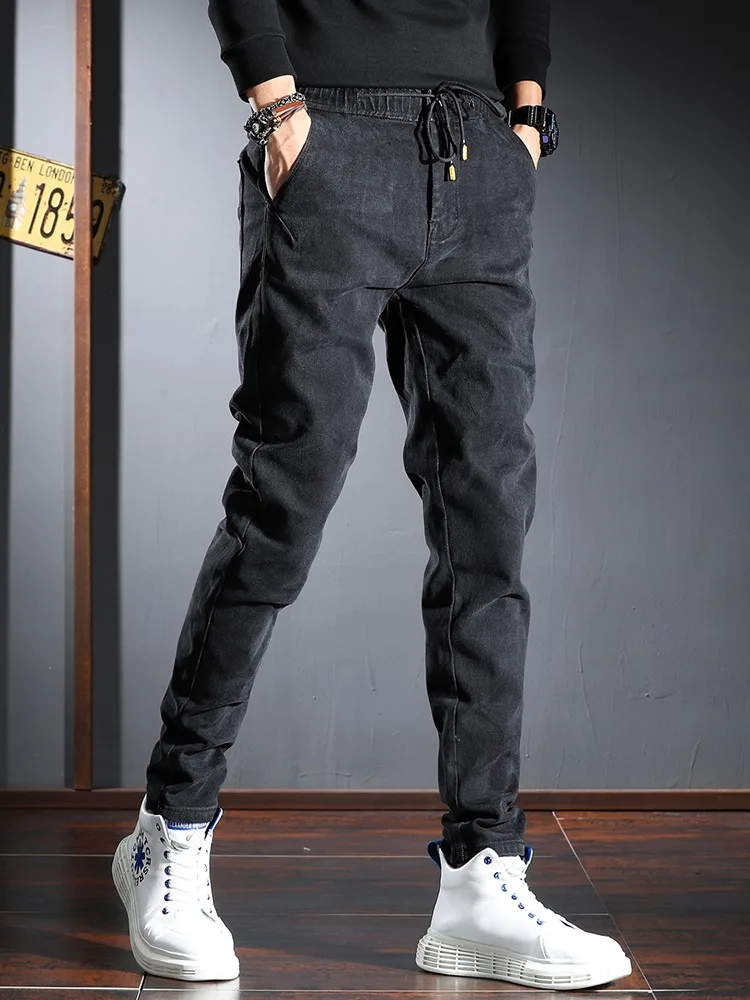 Autumn Elastic Waist Black Jeans Men Streetwear Casual Slim Fit Drawstring Denim Pants