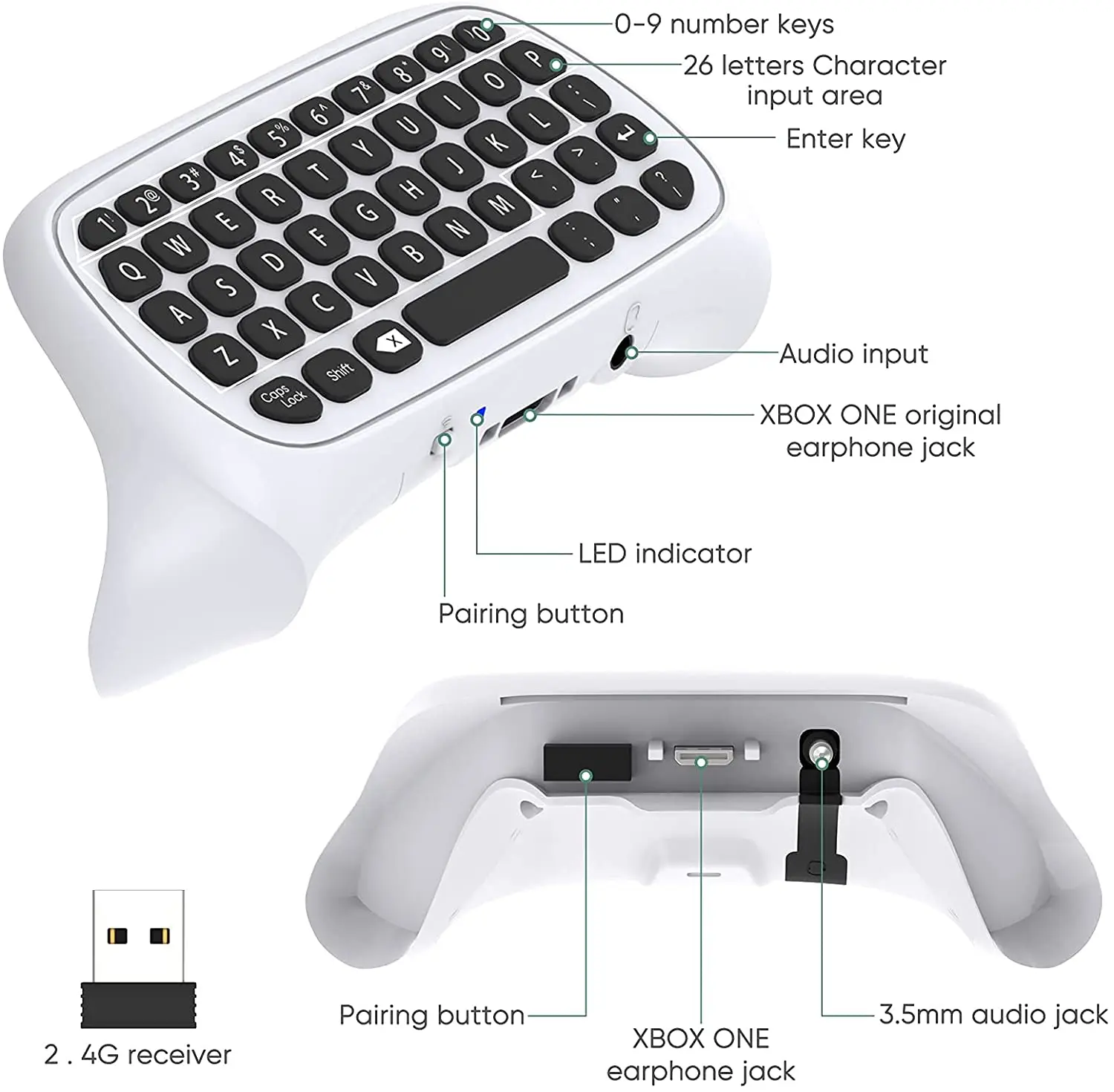 Teclado controlador com áudio para xbox série x/s xbox one s sem fio 2.4g usb gamepad chatpad com áudio e entrada de fone de ouvido