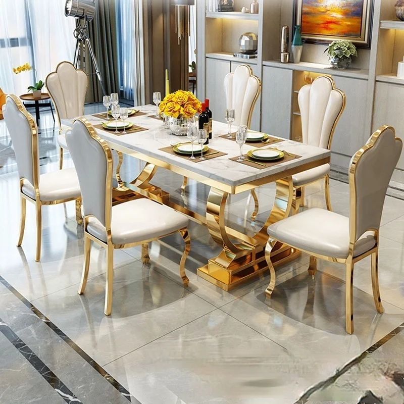 Luxury stainless steel marble dining tables and chairs 6-8 people